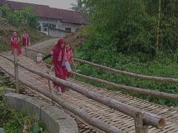 Setahun Ambrol, Siswa di Ponorogo Pergi Sekolah Lewati Jembatan Bambu