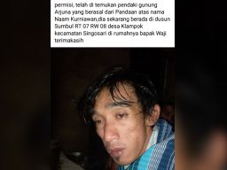 Postingan di Facebook yang menginformasikan pendaki hilang di Gunung Arjuno telah ditemukan. (Foto: Tangkapan layar Facebook Indi/jatimnow.com)