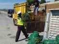 Petugas mengevakuasi muatan sayur dari pikap yang terguling di Tol Sumo