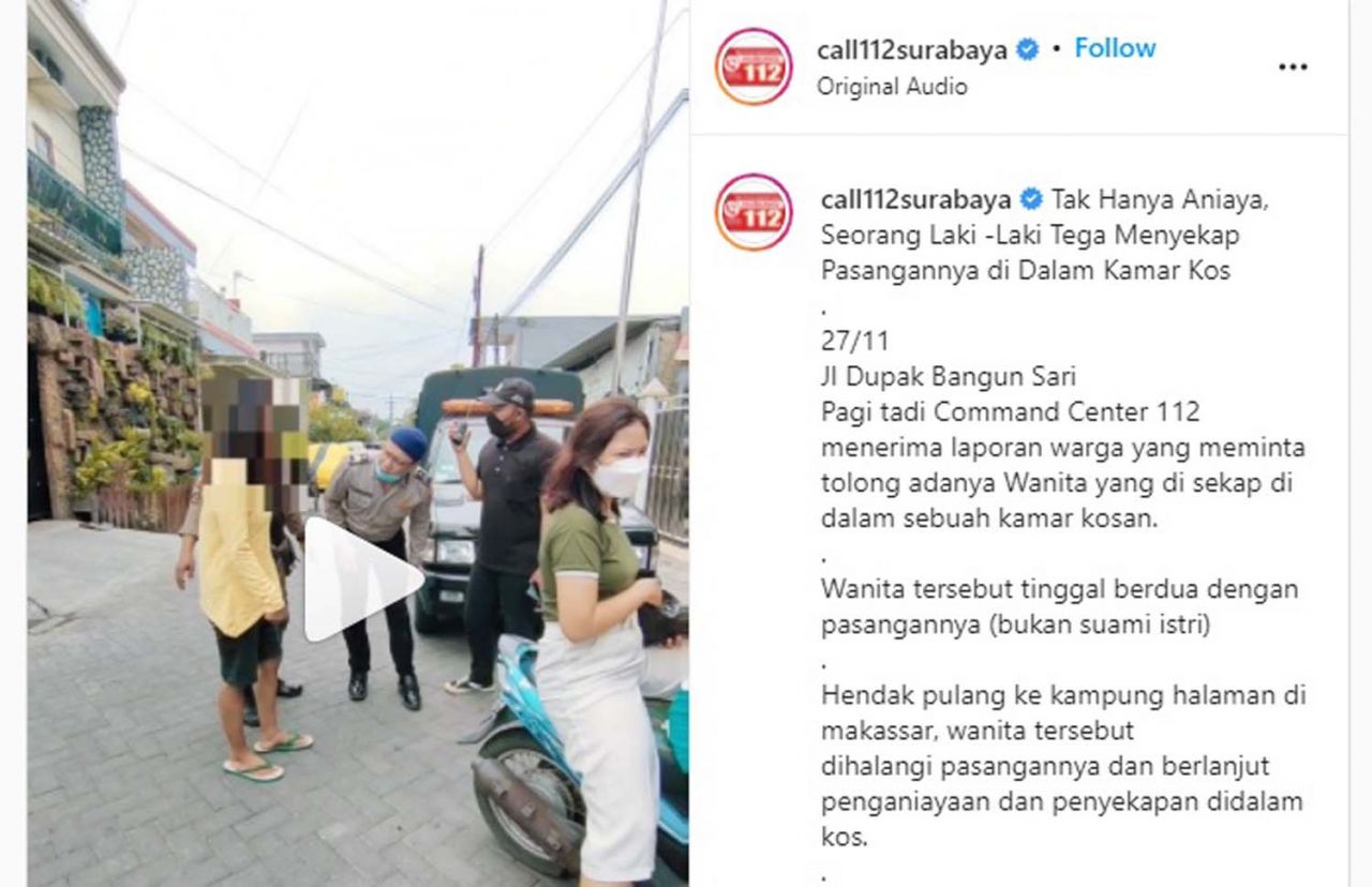 Tangkapan layar akun Instagram @call112surabaya soal penyekapan dan penganiayaan wanita di Surabaya