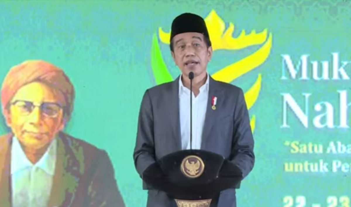 Presiden Jokowi memberi sambutan dalam Muktamar NU ke-34 di Lampung. (Foto: tangkapan layar Youtube Sekretariat Presiden/jatimnow.com)