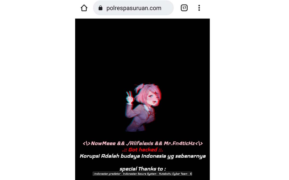 Tampilan website polrespasuruan.com yang diduga diserang hacker