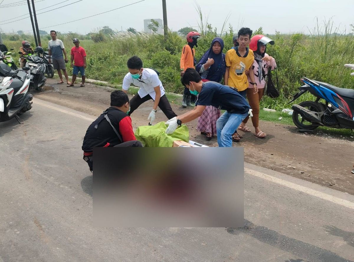 Petugas melakukan evakuasi korban kecelakaan di Jalan Raya Desa Manyarejo, Gresik. (Foto: Polsek Manyar/jatimnow.com)