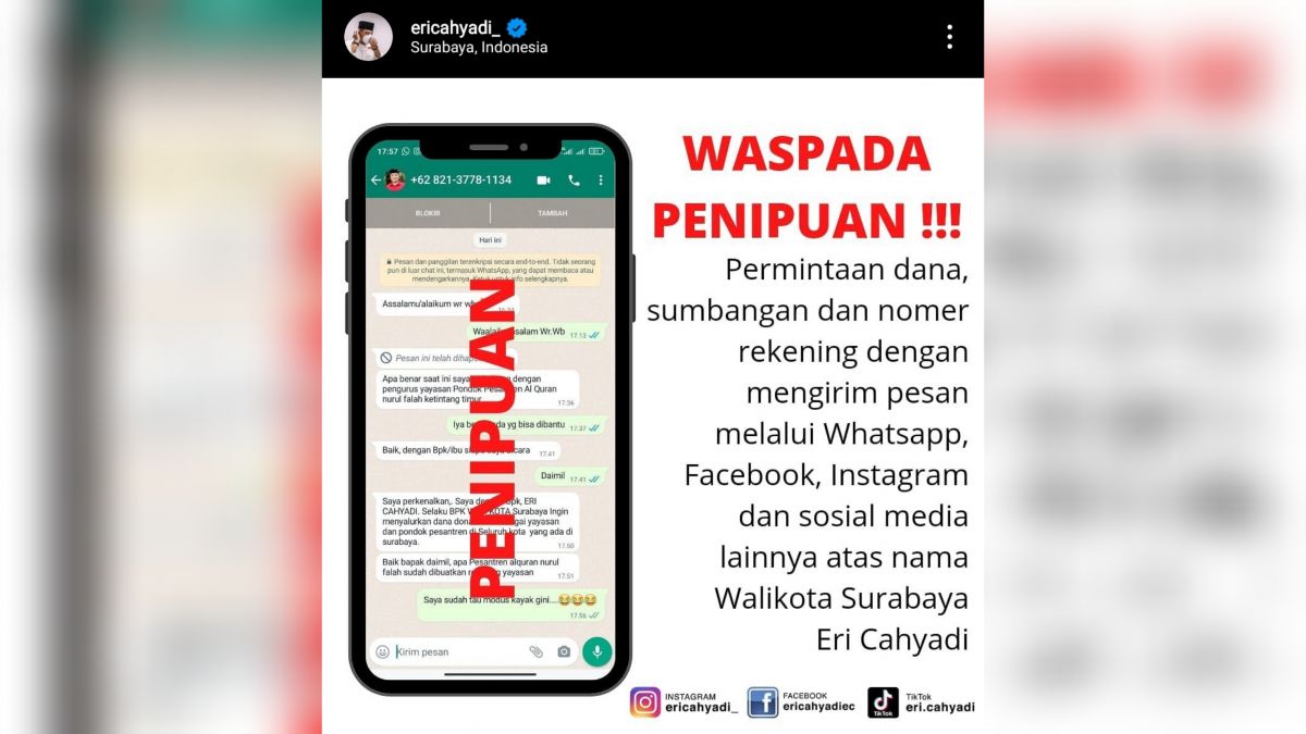 Tangkapan layar unggahan Wali Kota Surabaya Eri Cahyadi dalam akun Instagramnya.