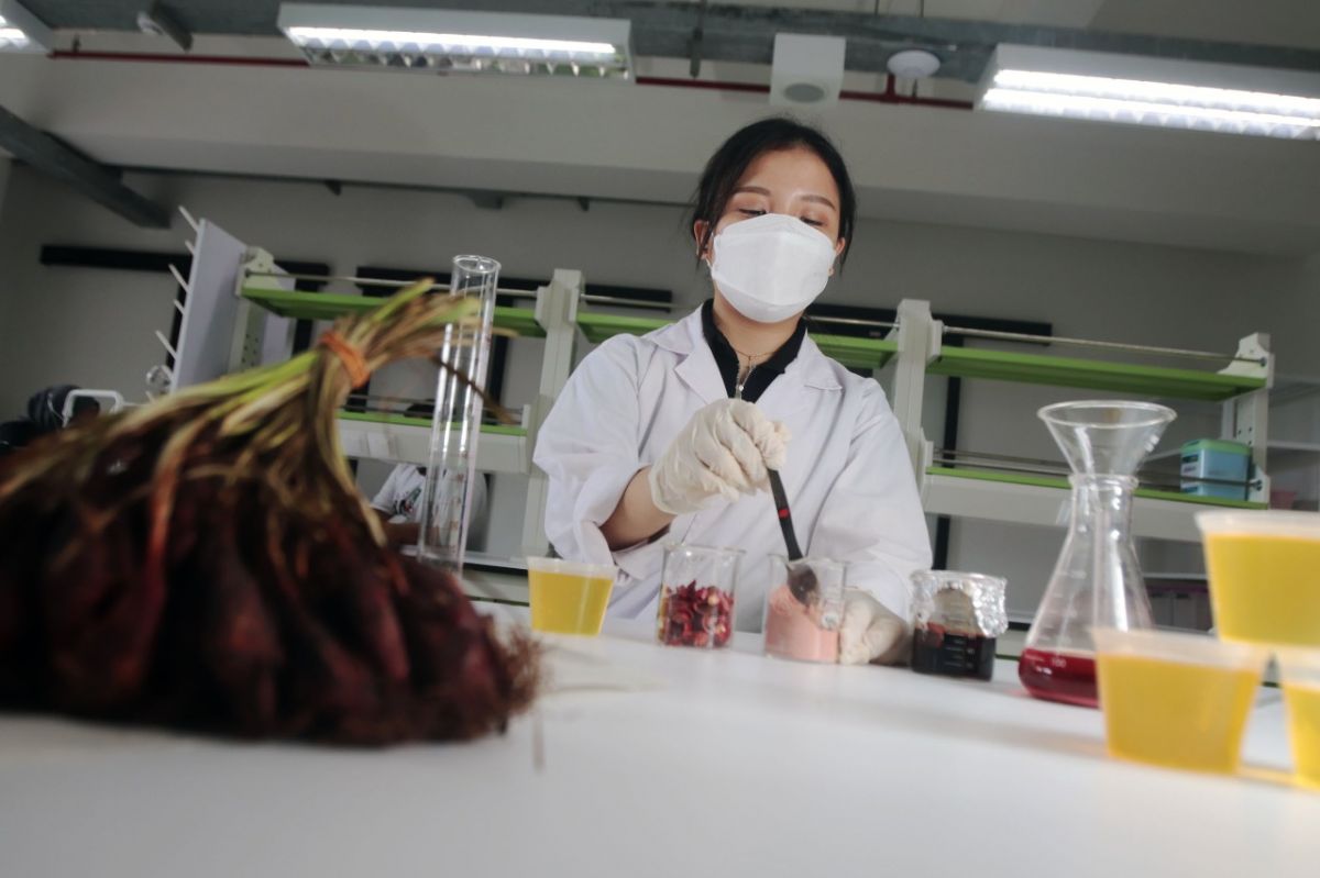 Berliana Yusup saat membuat inovasi Jelly Drink berbahan dasar bawang sabrang atau bawang dayak dilaboratorium kampusnya. (Foto: Fahrizal Tito/jatimnow.com)