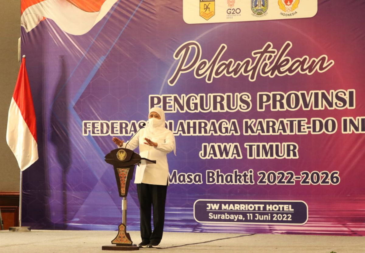 Gubernur Khofifah dalam acara Pelantikan Pengurus Federasi Karate-Do (Forki) Jatim. (Foto-foto: Humas Pemprov Jatim/jatimnow.com)