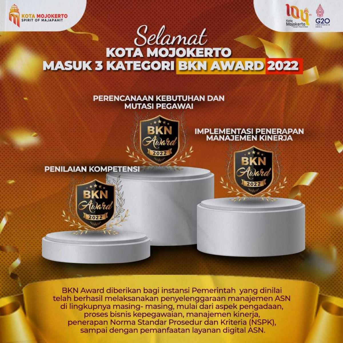 Penghargaan diraih Pemkot Mojokerto dalam BKN Award 2022.