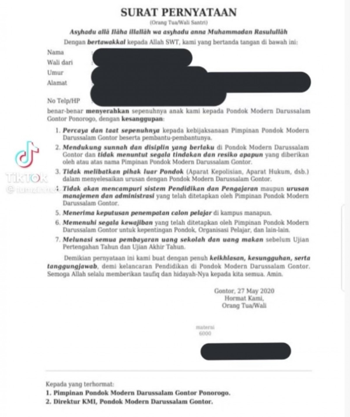 Screnshot surat perjanjian masuk Ponpes Gontor.