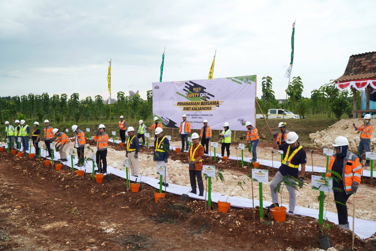 Penanaman kaliandra merah saat peringatan Bulan K3, di lahan pascatambang batu kapur, Pabrik Tuban, Jawa Timur