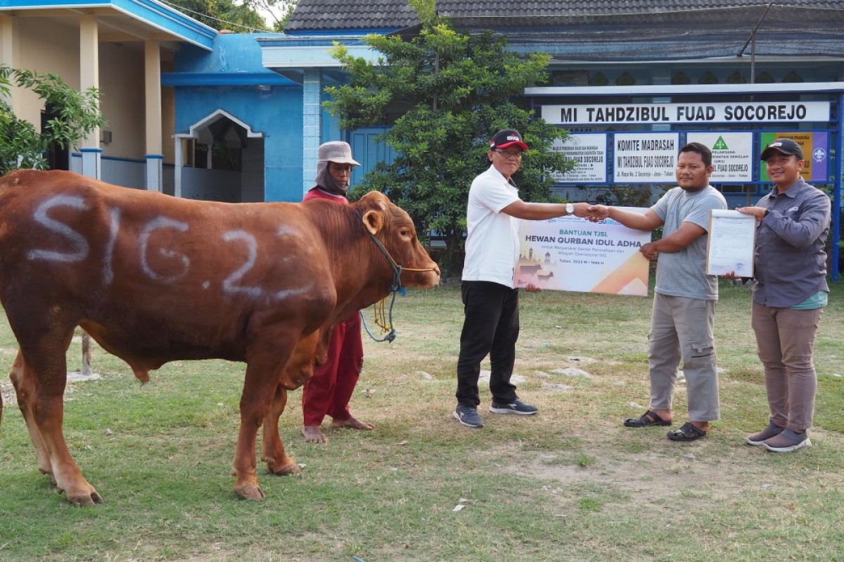 Penyerahan hewan kurban untuk desa Socorejo, Kecamatan Jenu, Kabupaten Tuban, Jawa Timur.