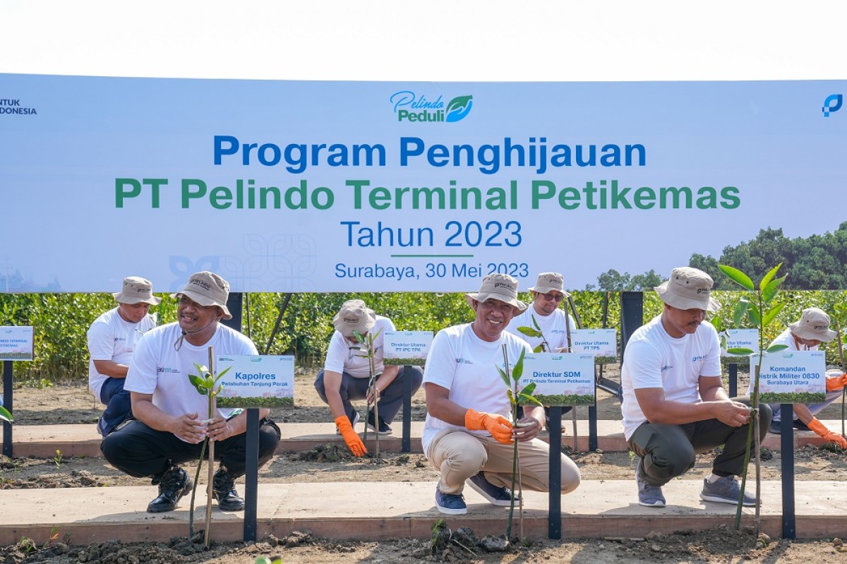 Direktur SDM PT Pelindo Terminal Petikemas Ady Sutrisno (tengah) bersamadengan stakeholder Pelabuhan Tanjung Perak saat melakukan penanaman mangrove di Kampung Sontoh Laut.