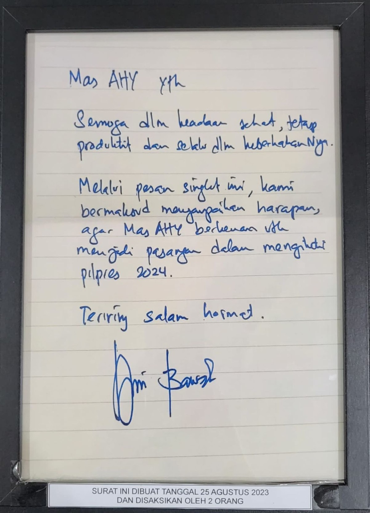 Surat Anies Baswedan meminta AHY jadi wakilnya. (Foto: Humas Partai Demokrat)