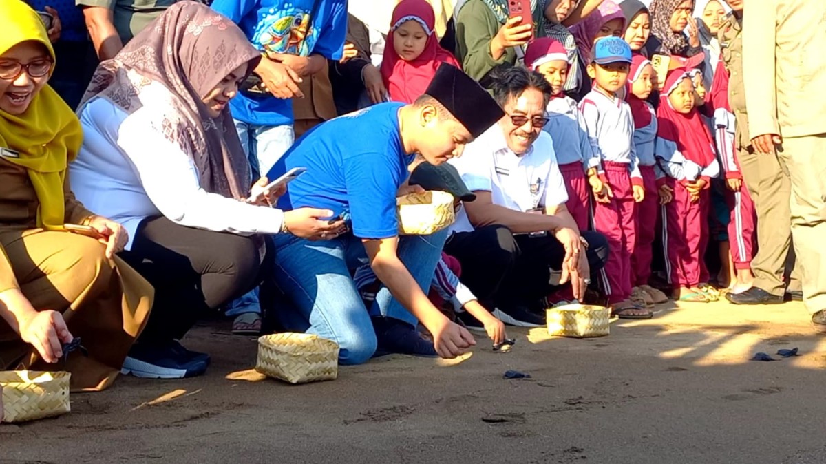 Bupati Trenggalek Mochamad Nur Arifin saat melepas tukik ke laut. (Foto: Bramanta Pamungkas/jatimnow.com)