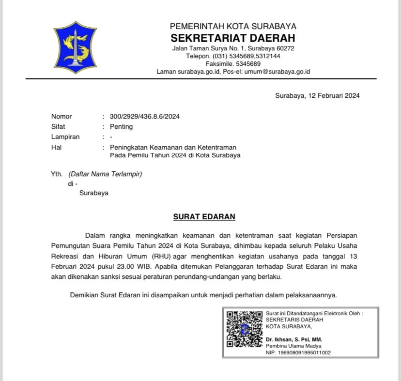 Surat imbauan tutup RHU pukul 23.00 WIB (Foto: Pemkot Surabaya for jatimnow.com)