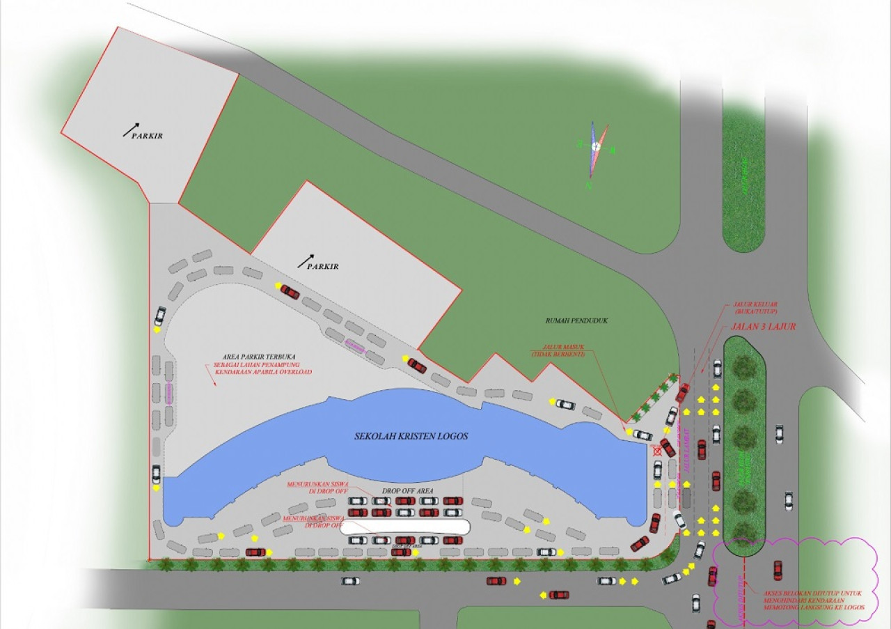 Peta bangunan dan parkir Sekolah Internasional Logos.
