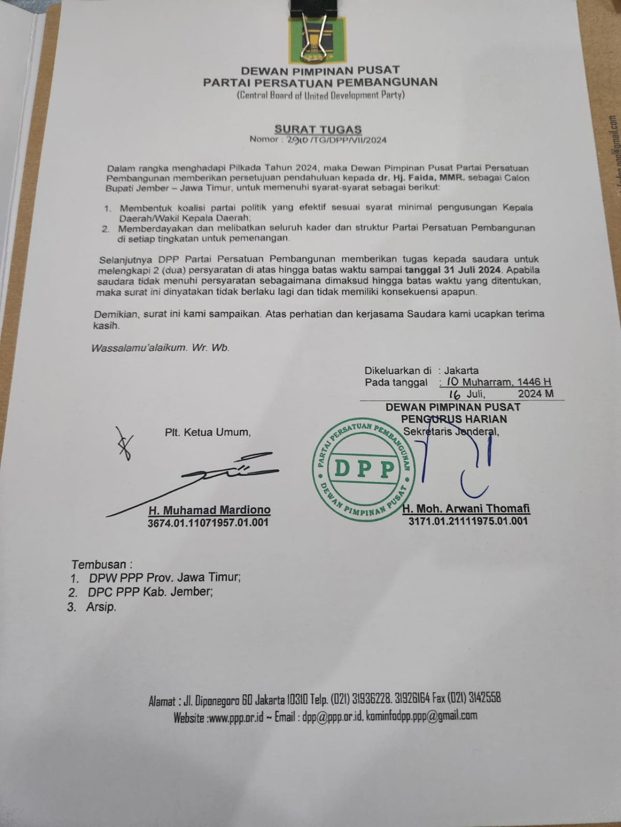 Surat tugas PPP untuk Faida.
