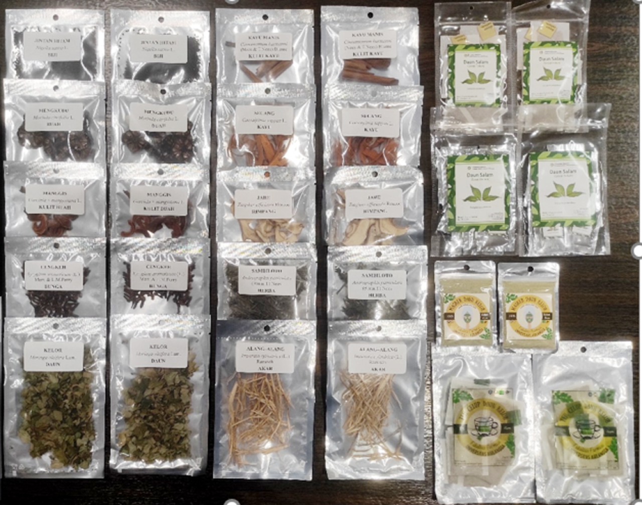 Contoh produk obat tradisional berupa simplisia tanaman, teh celup, berbahan dasar tanaman obat. (Foto/Tim Pengmas)
