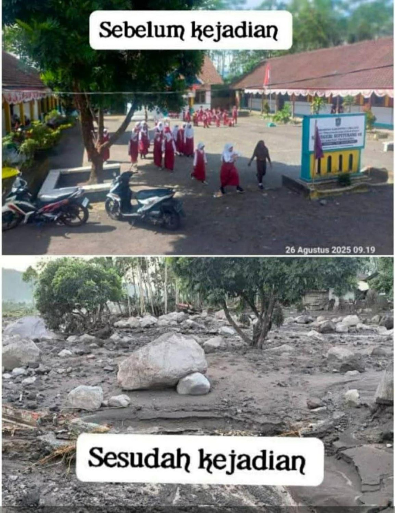 Perbandingan dramatis ini menunjukkan halaman SD Negeri Supiturang 04 (atas, 26 Agustus 2025) yang ramai oleh siswa, berbanding terbalik dengan kondisi setelah erupsi (bawah) yang dipenuhi material vulkanik dan batu-batu besar. Ironisnya, SD 04 Supiturang kini menjadi salah satu lokasi utama yang digunakan sebagai tempat penampungan bagi 956 warga yang mengungsi dari daerah terdampak erupsi Semeru. (Foto/Relawan SAR)