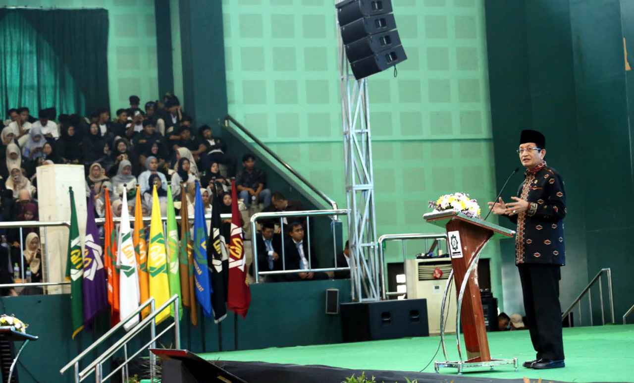 Menteri Agama Nasaruddin Umar memaparkan sejumlah faktor fundamental yang menempatkan Indonesia sebagai ‘driving star’ bagi pengembangan Islam di masa depan. (Foto: Ali Masduki/jatimnow.com)
