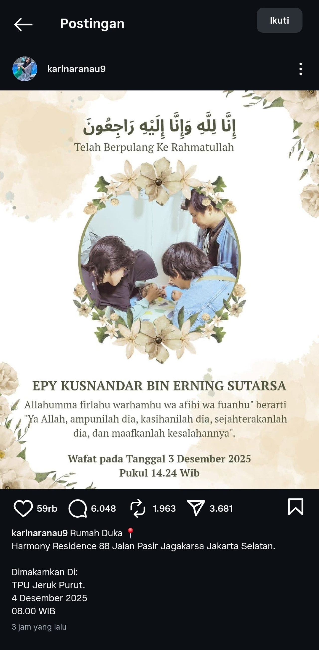 Kabar duka yang disiarkan sang istri