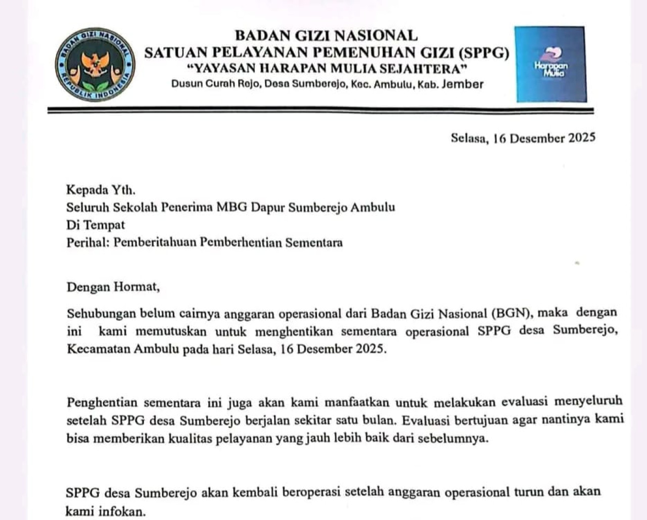 Foto: Surat pemberitahuan penghentian operasional SPPG Sumberejo Jember (Sugianto/jatimnow.com)