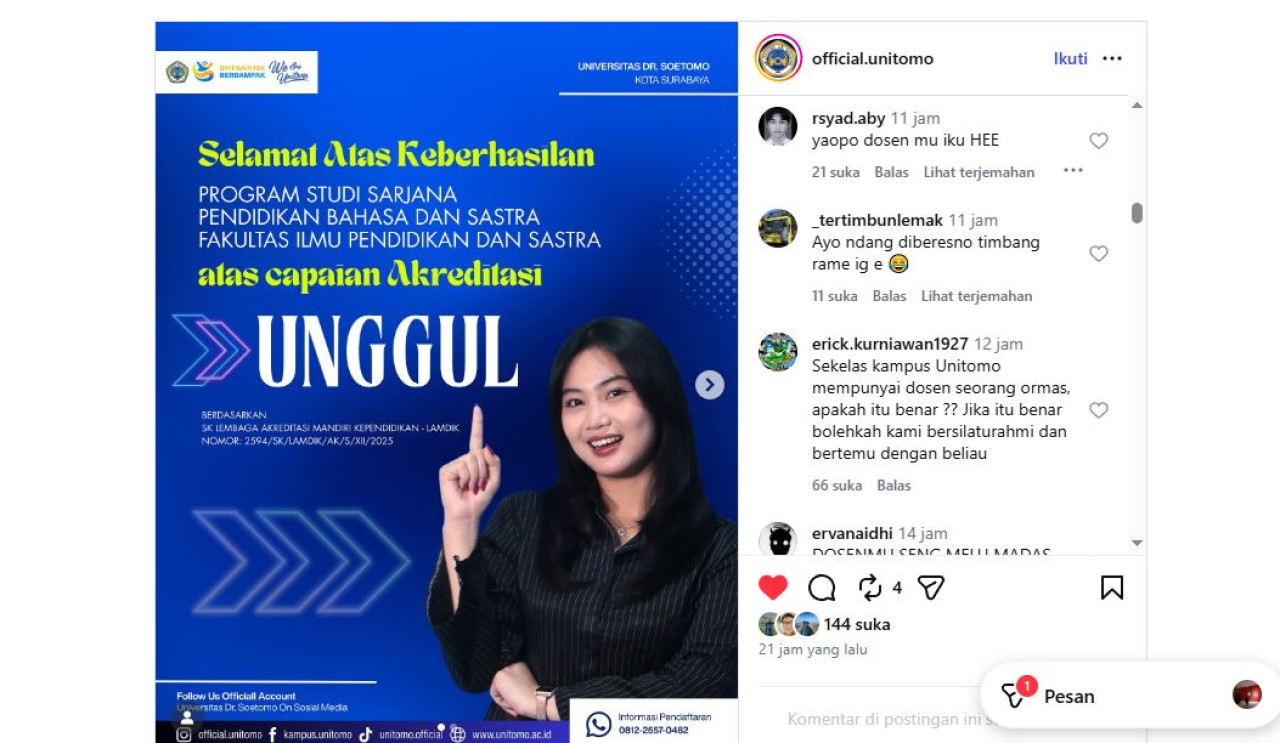 Akun Medsos Unitomo Diserbu Warganet, Dosen dan Ormas Jadi Sorotan