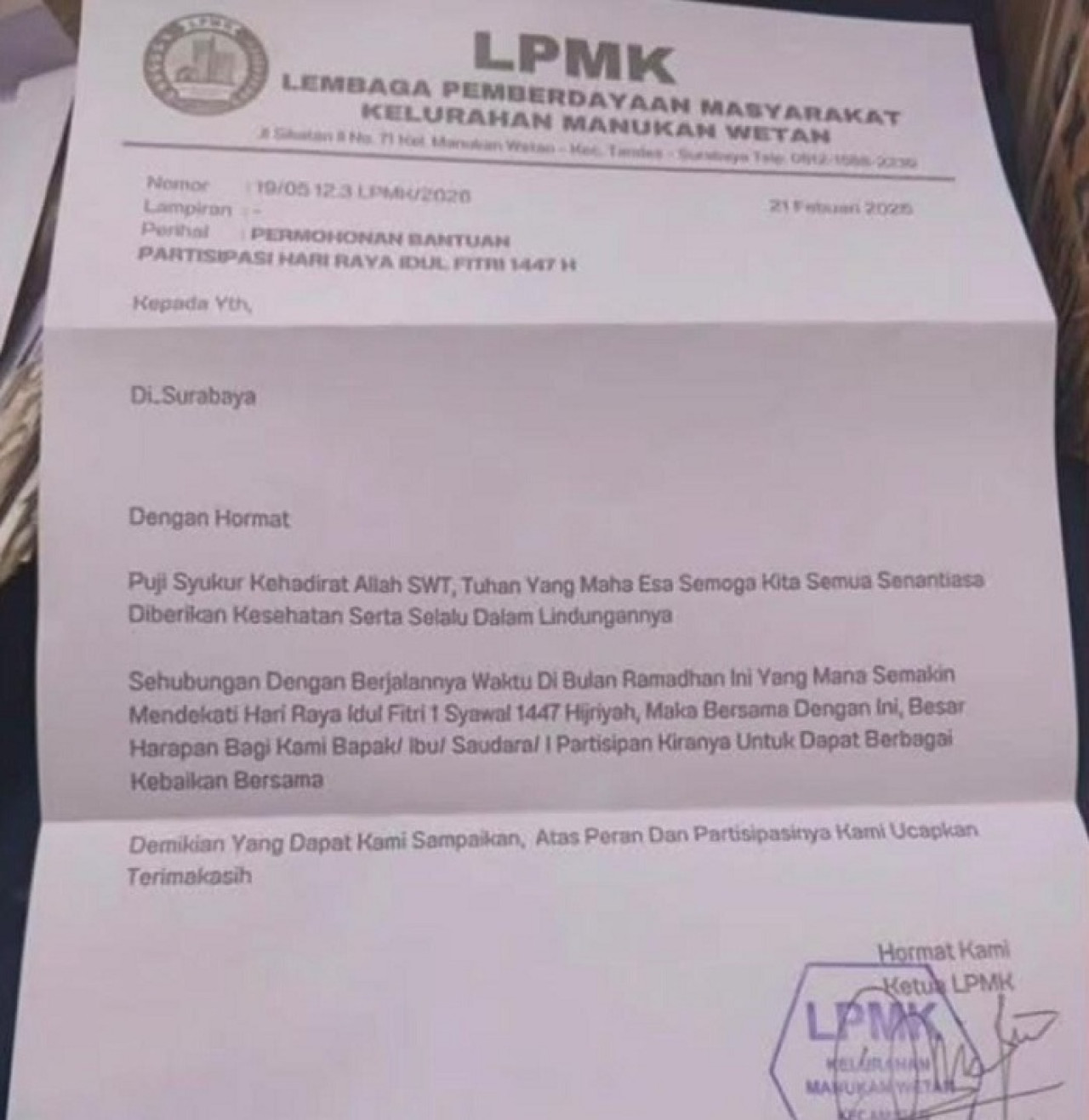 Surat dengan kop LPMK beredar di media sosial