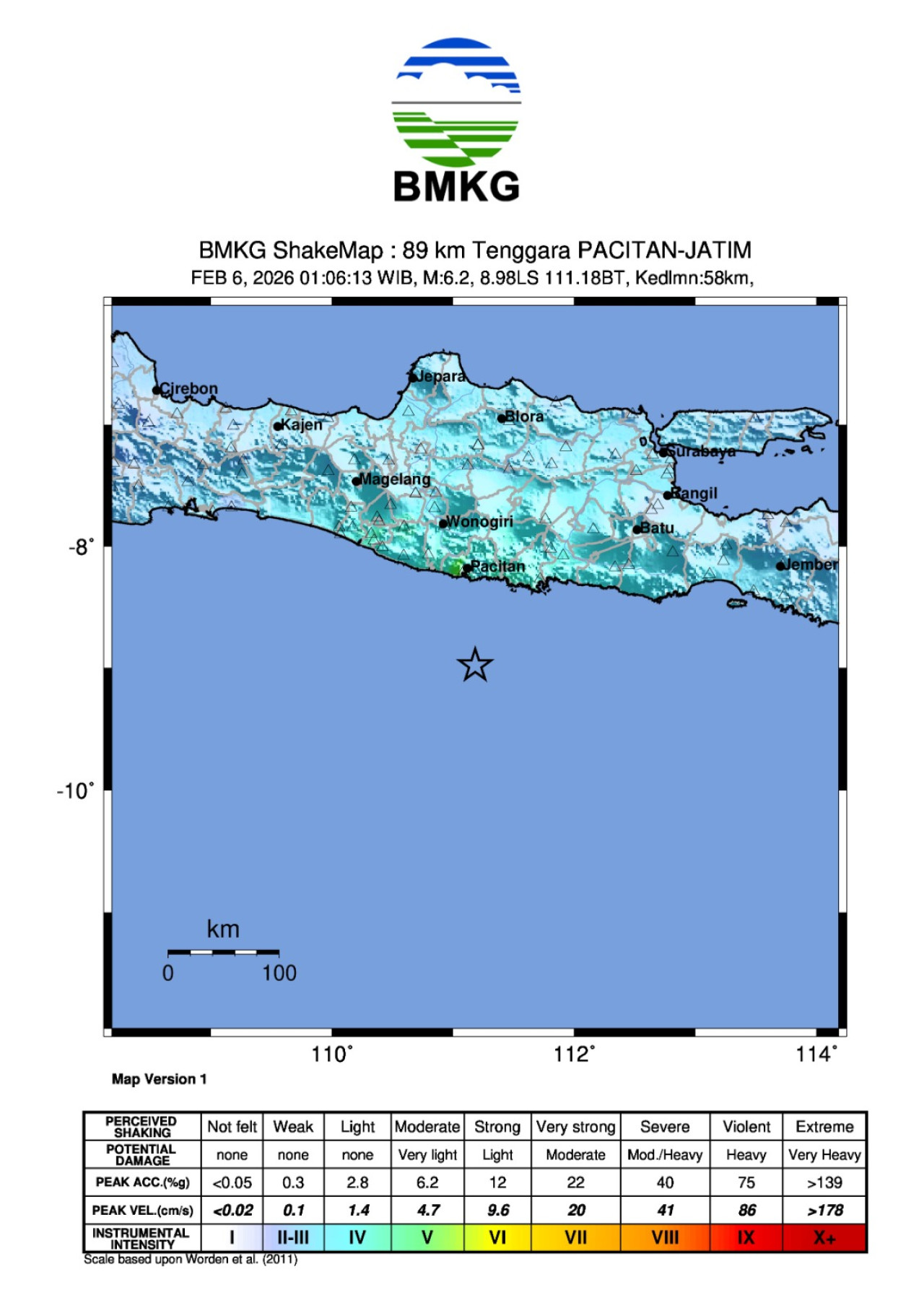 Foto: Titik gempa yang terjadi di Pacitan dini hari tadi. (BMKG/jatimnow.com)