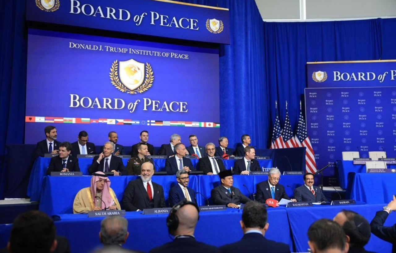 Presiden Prabowo menghadiri pertemuan perdana Dewan Perdamaian untuk Gaza bersama dengan pimpinan negara lainnya, di Amerika Serikat, pada 19 Februari 2026. (Foto: Tim Media Presiden)