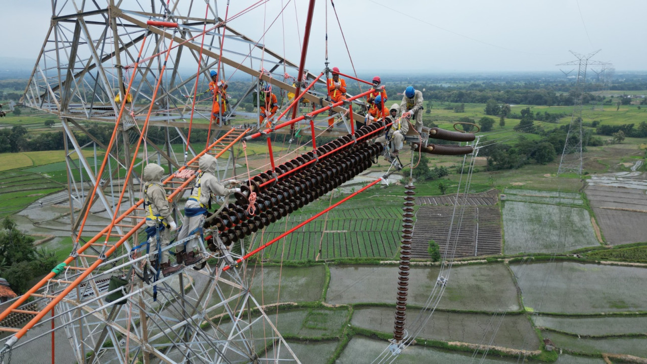 Tim PDKB PLN melakukan penggantian isolator pada jaringan SUTET 500 kV jalur Paiton–Grati 2. (Foto: PLN UIT JBM/jatimnow.com)