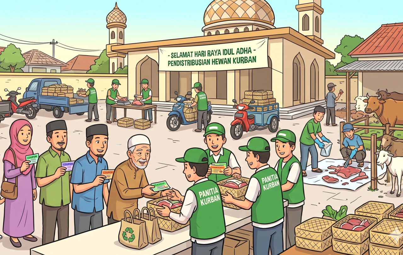 Pendistribusian daging kurban. (Foto: Gemini AI)
