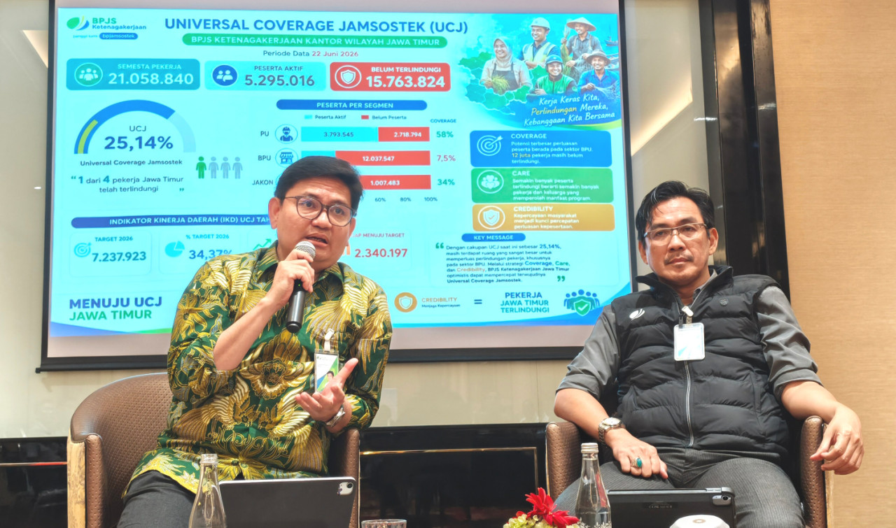 Kepala Kantor Wilayah BPJS Ketenagakerjaan Jatim Irvansyah Utoh Banja, saat Media Gathering BPJS Ketenagakerjaan Jawa Timur di Surabaya. (Foto: Ali Masduki/jatimnow.com)