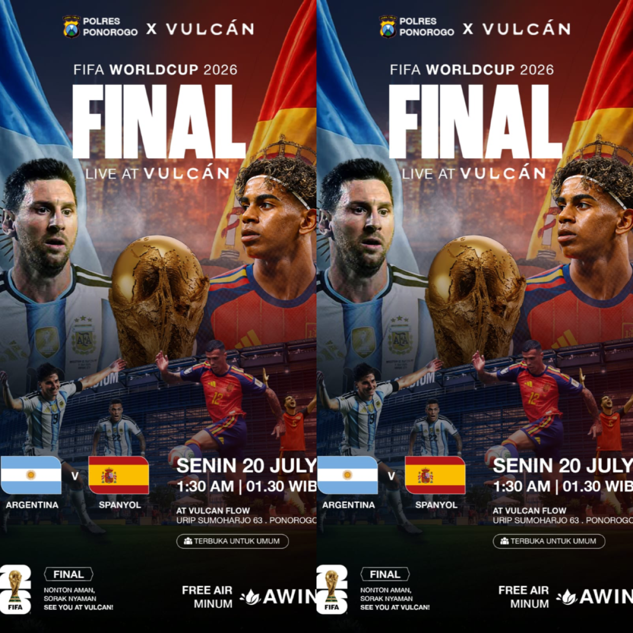 Poster kegiatan nonton bareng final Piala Dunia 2026 antara Argentina melawan Spanyol yang digelar Polres Ponorogo di dua lokasi. (Foto: Polres Ponorogo for jatimnow.com)