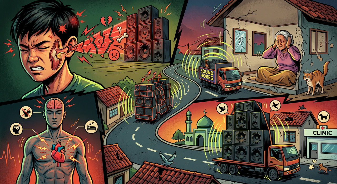 Bahaya sound horeg (ilustrasi). (Foto: Gemini AI)