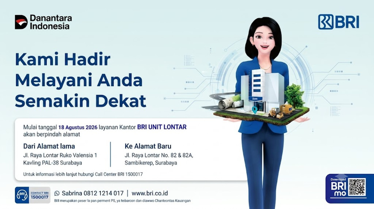 BRI Unit Lontar Surabaya pindah ke Jalan Raya Lontar No. 82 mulai 18 Agustus 2026. (Foto: BRI for jatimnow.com)