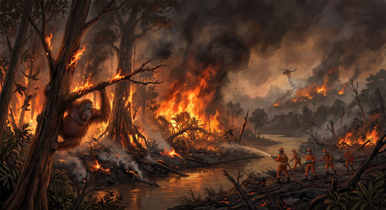 Kebakaran hutan dan lahan (ilustrasi). (Foto: Gemini AI)