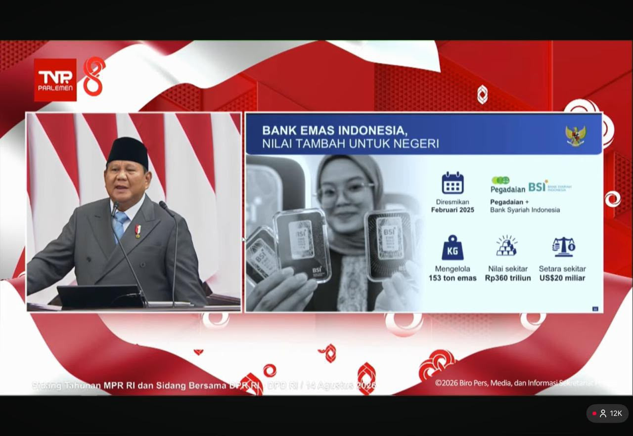 Presiden Prabowo mengapresiasi kinerja bullion bank BSI yang mencatatkan lonjakan nasabah 700?n kelolaan emas 24 ton hingga Juni 2026. (Foto: BSI for jatimnow.com)