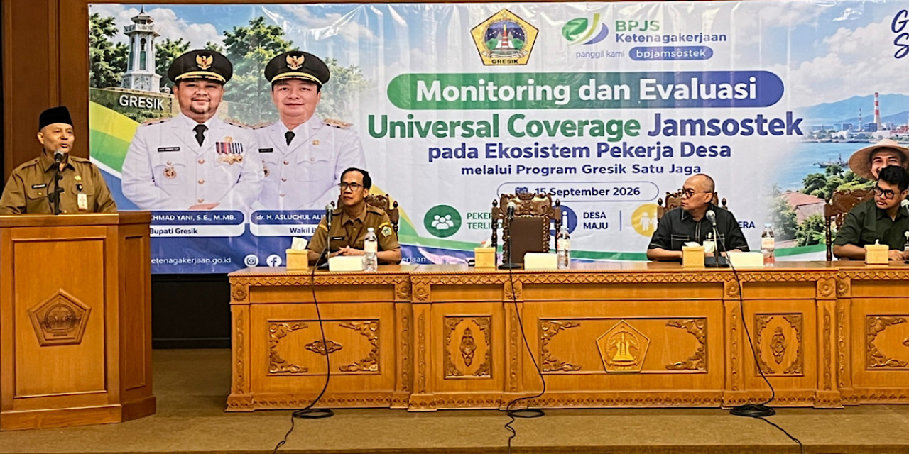Pemkab Gresik dan BPJS Ketenagakerjaan dalam kegiatan Monitoring dan Evaluasi Kepesertaan Ekosistem Desa serta Sosialisasi Program Gresik Satu Jaga. (Foto: BPJS Ketenagakerjaan for jatimnow.com)