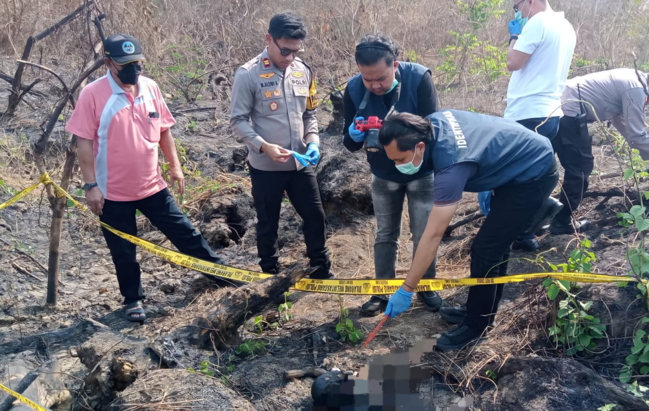 Proses identifikasi kerangka manusia di hutan bekas kebakaran Kedungpring, Lamongan. (Foto: Adyad Ammy Iffansah/jatimnow.com)