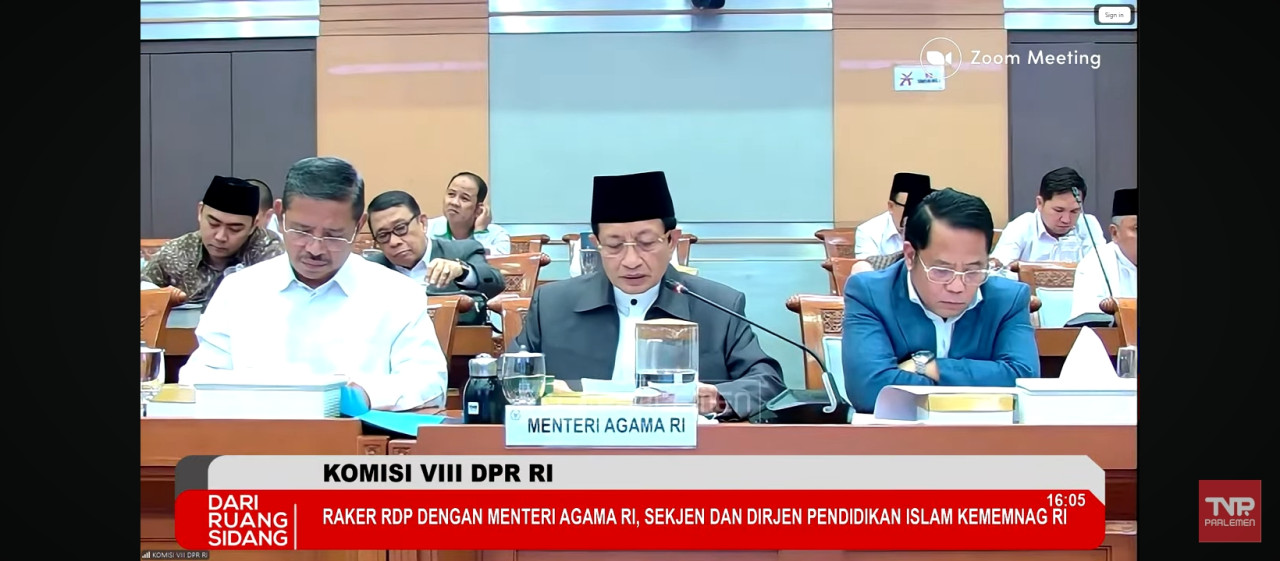 Menteri Agama Nasaruddin Umar saat menghadiri rapat dengan pendapat di DPR RI. (Foto: tangkapan layar)