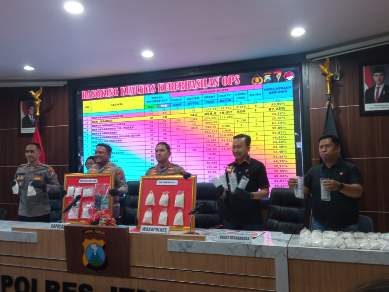 Polres Jember menunjukkan barang bukti Narkoba dan Okerbaya (Foto: Sugianto/jatimnow.com)