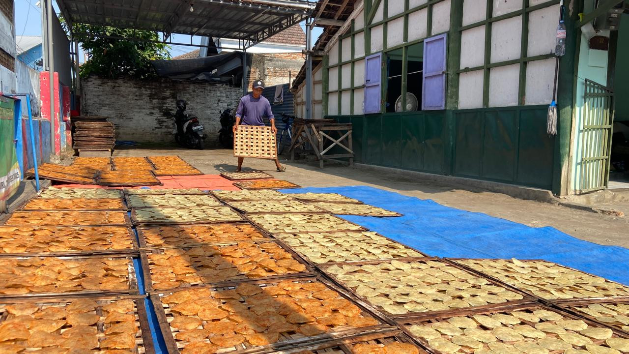 Sunaryo (53) menjemur emping rasa udang pedas manis di rumah produksi milik Maimunah di Kampung Emping Belinjo, Kecamatan Pare, Kabupaten Kediri, Kamis (8/10/2026). Setelah melalui proses yang melibatkan LPG dan tenaga manusia, energi surya menjadi bagian dari tahapan produksi sebelum emping dikumpulkan dan dikemas. (Foto: Yanuar Dedy/jatimnow.com)