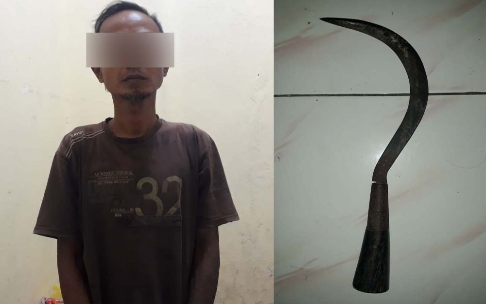 Kolase pelaku pembacokan dan celurit yang dipakai untuk membacok tetangganya