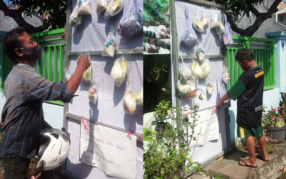 Cara unik warga Medayu Utara Gang 26, Medokan Ayu, Rungkut, Surabaya memberikan bantuan untuk warga terdampak Covid-19