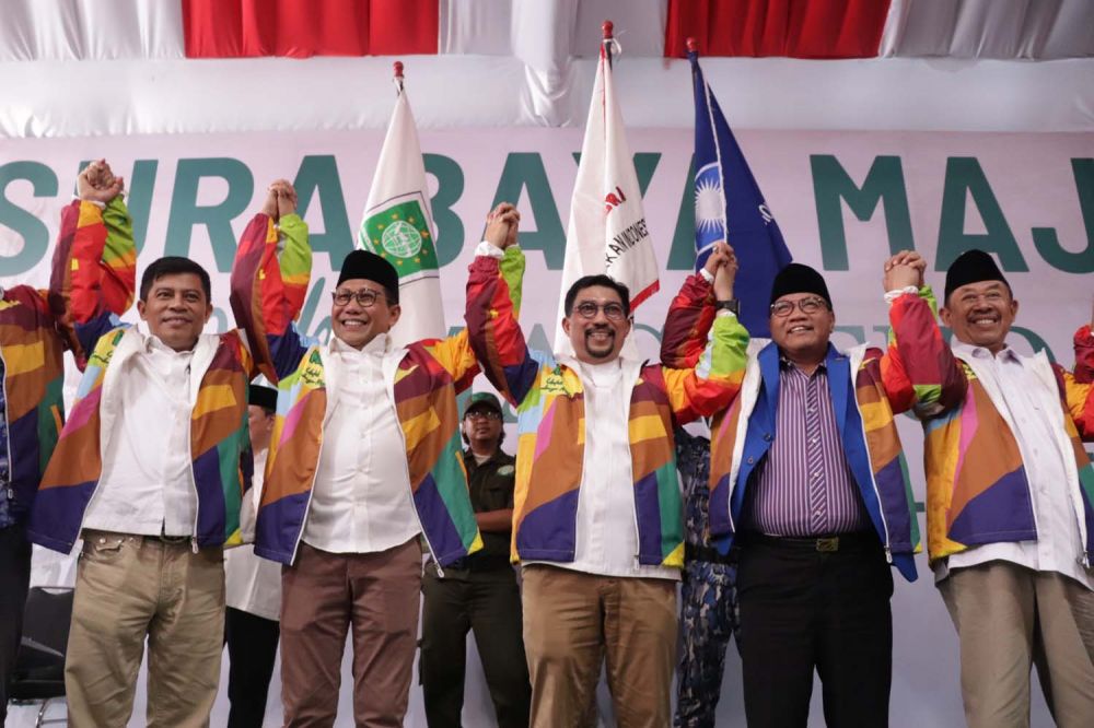 Deklarasi dukungan bersama lima partai politik pengusung Machfud Arifin dalam Pilwali Surabaya 2020 di Machfud Arifin Center, Jalan Basuki Rahmat, Surabaya