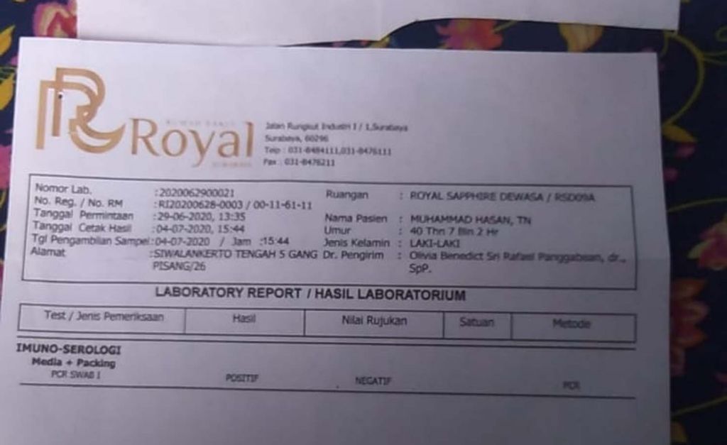 Hasil tes swab suami Sri Muljani Istiqomah yang meninggal dunia