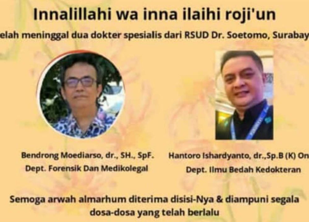Dua dari tiga dokter spesialis di RSU dr Soetomo, Surabaya yang meninggal dunia