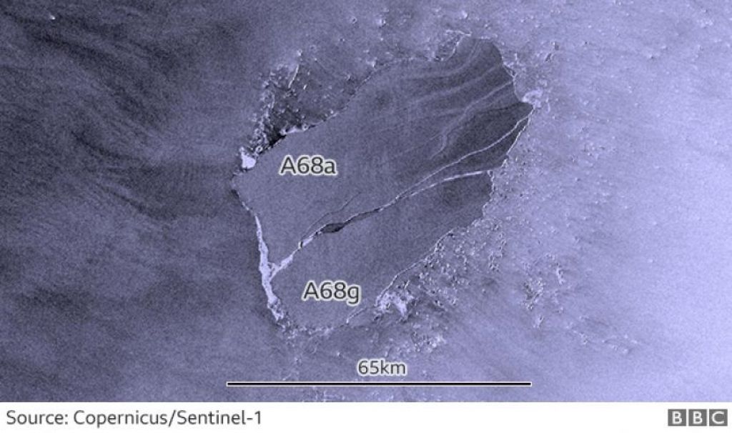 Fragmen terbesar dari balok es Antartika yang awalnya berukuran sekitar 5.800 km persegi telah mengalami perpecahan besar lainnya (Foto: copernicus/sentinentel 1via bbc via Republika)