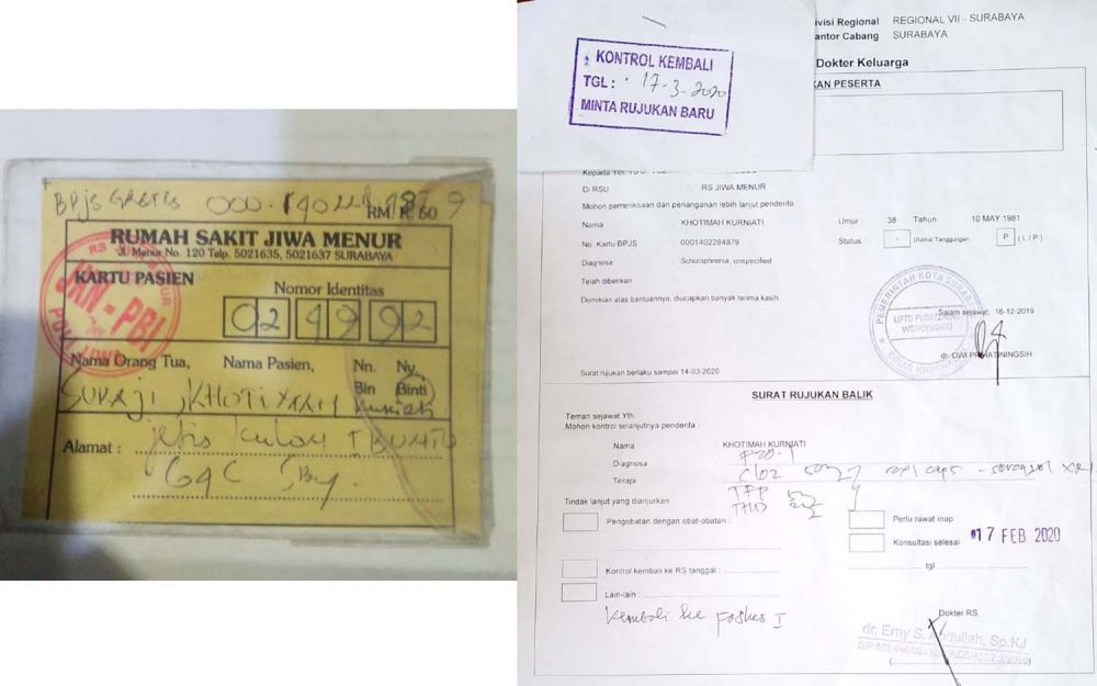 Kartu Rumah Sakit Jiwa Menur Surabaya dan surat rawat jalan milik wanita yang sempat dituduh sebagai penculik anak di Surabaya