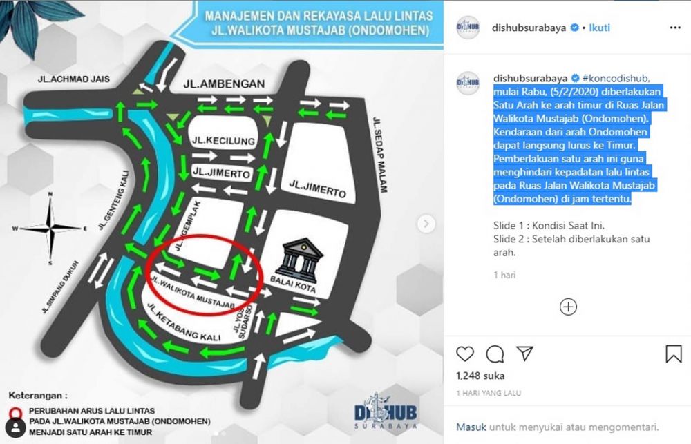 Rekayasa lalu lintas Jalan Wali Kota Mustajab sisi Ondomohen, Surabaya (Foto: Instagram Dishub Kota Surabaya)